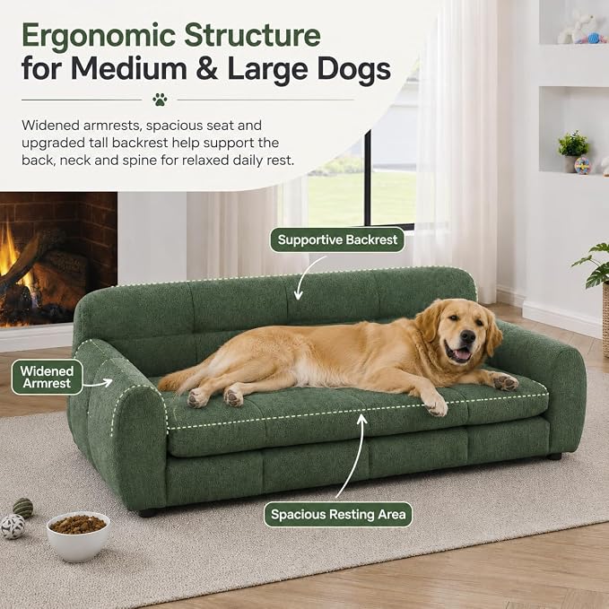 51"×28" Large Dog Sofa, for Large & Extra Large Dogs | Detachable Cushion | Reinforced Low Base|Non-Sagging |Linen Fabric | Soft Cushion | Armrest & Backrest | Olive Green