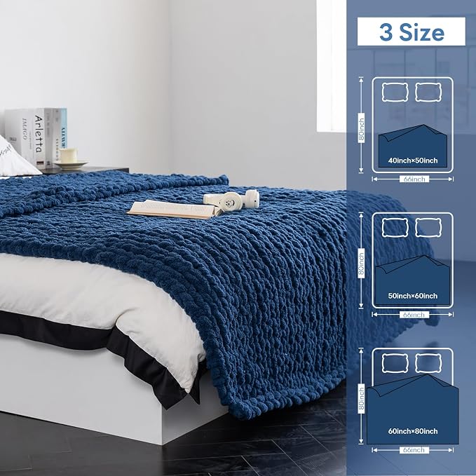 Chunky Knit Blanket - Luxury Soft Cozy 40 * 50 Throw Blanket,100% Woven Blanket Rope Knot Throw Blanket for Couch, Sofa, Home Decor, Gift - Machine Washable (Deep Blue, 40 * 50)