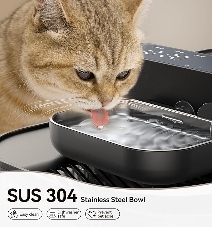 FEELNEEDY Wireless No Filters Cat Water Fountain, Wastewater Separation, Stainless Steel Bowl, 3000mAh 3.5L Pet Water Fountain for Indoor Cats & Dogs Dispenser, Black