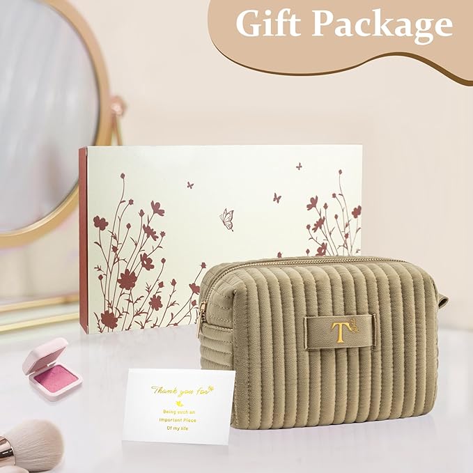 COSHAYSOO Sister Birthday Gifts for Women Best Friend Bestie Friendship Fashion Makeup Bag Make Up Cosmetic Pouch Travel Size Toiletries Skin Care Essentials Organizer Velvet Initial Letter T