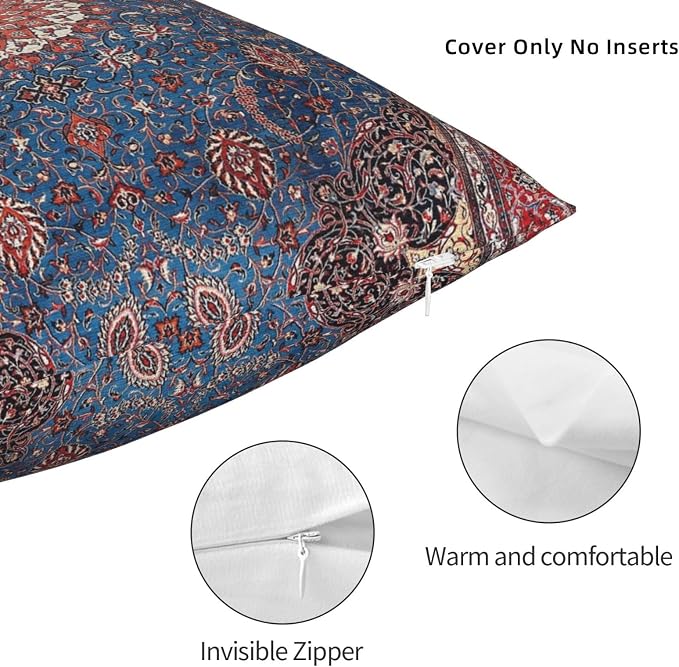 Antique Persian Rug Vintage Blue Print Pillow Covers Decorative Square Throw Pillowcase 18x18 Inch Couch Cushion Cover for Home Decor Living Room Bedroom College Dorm Bed Car Sofa