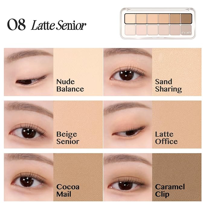 CLIO Pro Eye Palette Air, 12-Color Eye Shadow Palette, Matte Shimmer Mix, Air-Fit Blendable Pigmented Buildable Color, Low Fallout, Warm Brown Nude Neutral Tone, Daily Korean Makeup (08 LATTE SENIOR)