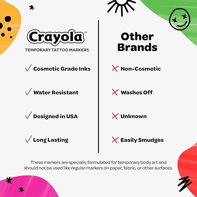 Crayola 8ct Temporary Tattoo Markers: Skin-Safe Ink, Vibrant Colors, Gifts for Children, Teens and Adults, Made in the USA [1 Pack]