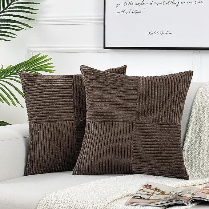 Fancy Homi Dark Brown Decorative Throw Pillow Covers 16x16 Inch for Living Room Couch Bed Sofa, Rustic Farmhouse Boho Home Decor, Soft Corss Patchwork Corduroy Textured Cushion Case 40x40 cm