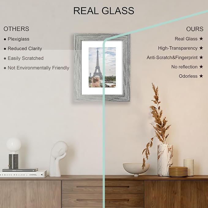 Hongkee 6x8 Picture Frame Set of 4, Made of Real Glass and Grey Frame - Display Picture 4x6 with Mat or 6x8 Without Mat, 6 by 8 Photo for Wall or Tabletop