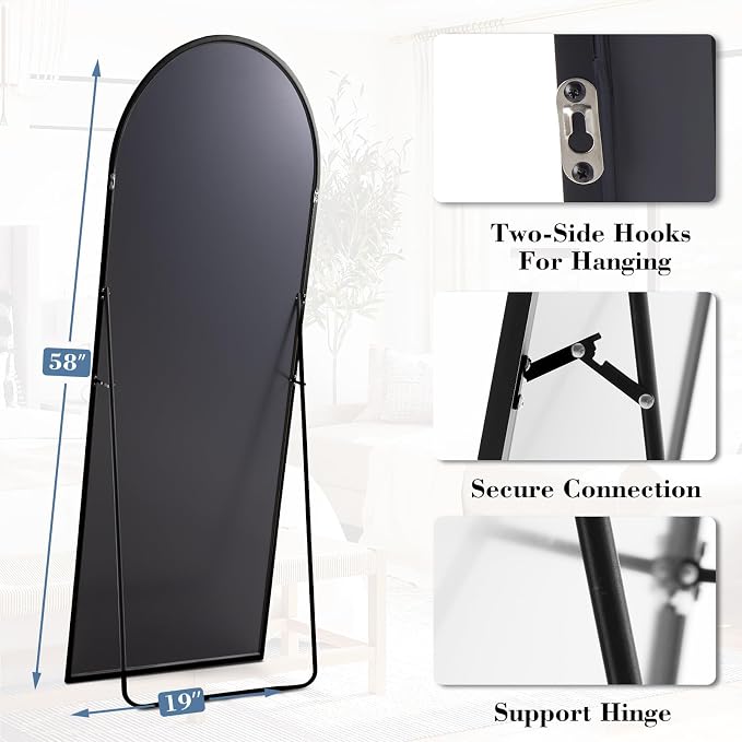 DUMOS 58"x19" Arched Full Length Mirror with Stand, Full Body Floor Mirror | Free Standing or Wall Mount, Hanging or Leaning, Nano Glass Aluminum Frame, Modern Simple Home Decor, Black