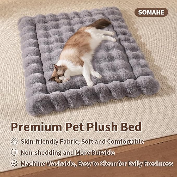 SOMAHE Soft Plush Cat Bed Mat, Machine Washable, Small 23x15 Dark Grey | Machine Washable + Non-Slip Paw Bottom: soft cat mat stays fluffy and steadier on floors, couches, and cat trees.