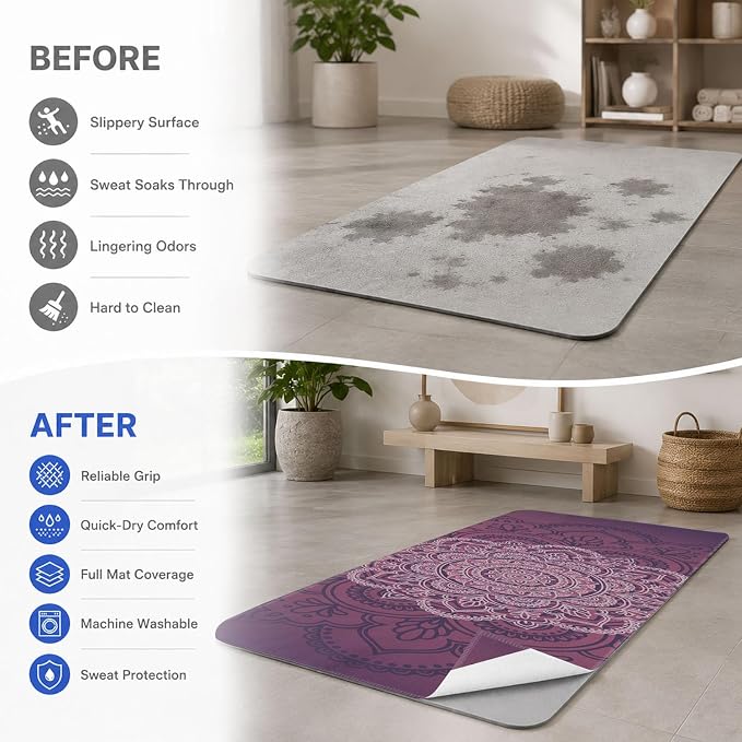 Yoga Mat Towel, Hot Yoga Non Slip with 4 Corner Pockets, 74 x 26 in | Soft Absorbent Microfiber With Four Corner Pockets, Fits Over Yoga Mats For Hot Yoga, Pilates, Gym, And Travel