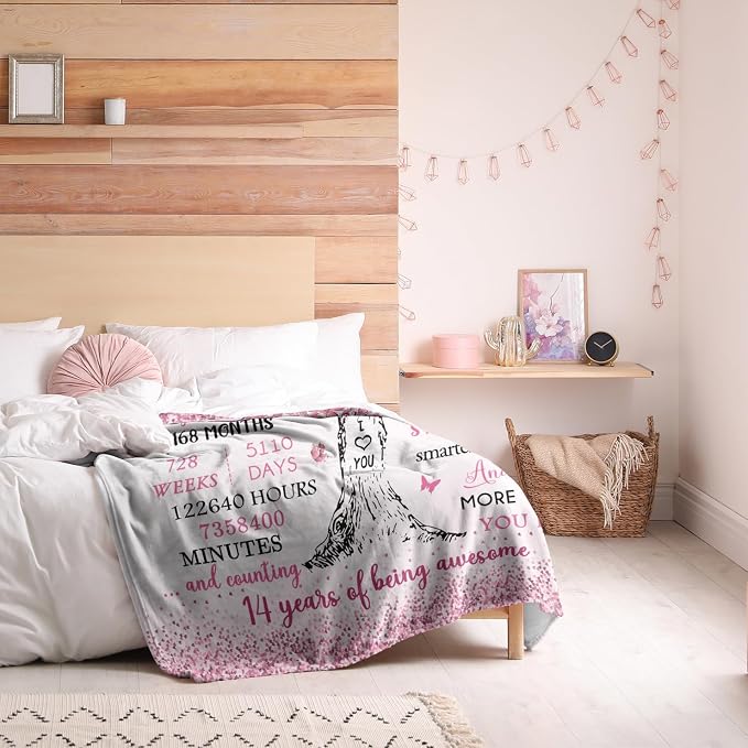 Vuinezo Gifts for 14 Year Old Girl, 14th Birthday Decorations for Girls Blanket 50"X60", Bday Gifts for 14 Yr Old Girl, 14th Birthday Throw
