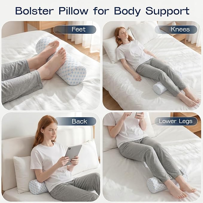 Neck Roll Pillow for Neck Pain Relief - Memory Foam Neck Support Pillow for Bed, Cylinder Pillows, Round Neck Pillow for Sleeping, 15.7 * 5 * 5 inch (Cool-Blue)