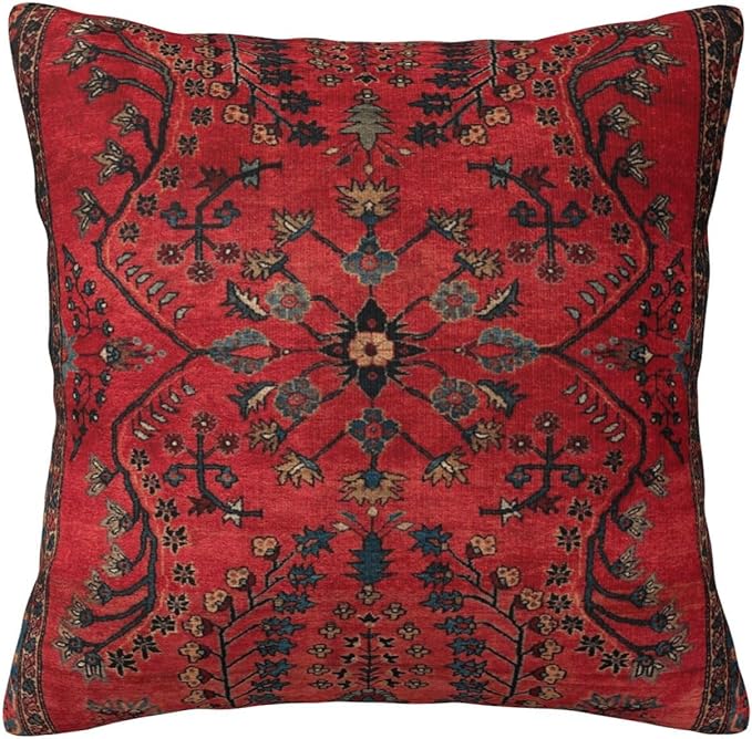 Red Persian Carpet Vintage Antique Nature Fine Pillow Covers Decorative 18x18 Inch Square Throw Pillowcase Couch Cushion Cover for Home Decor Living Room Bedroom College Dorm Bed Car Sofa