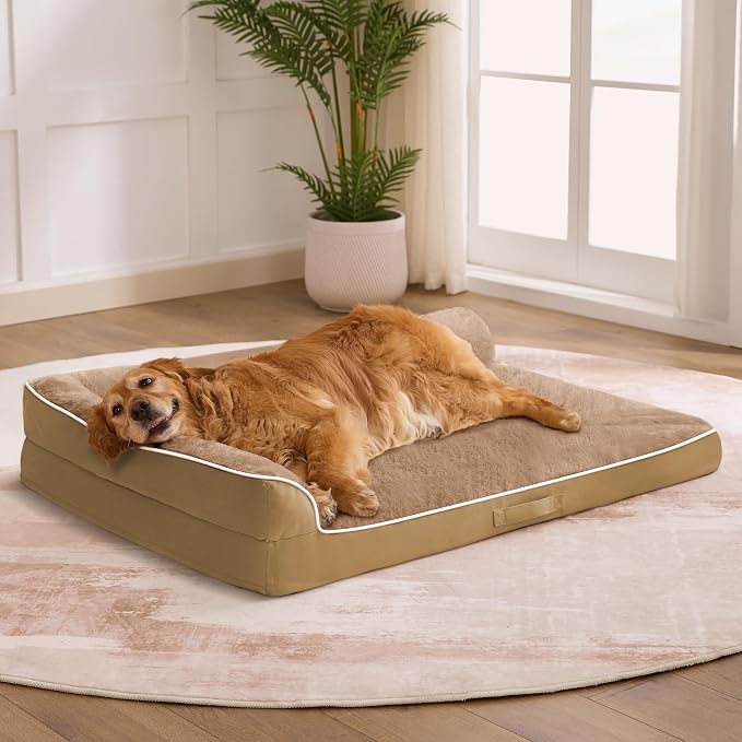 XXL Orthopedic Dog Bed, Extra Large Dogs, 48"x35"x7.5", Camel | Waterproof, Washable Cover, L-Shaped Pet Couch, Egg-Crate Foam for Pressure Relief, Portable Handle