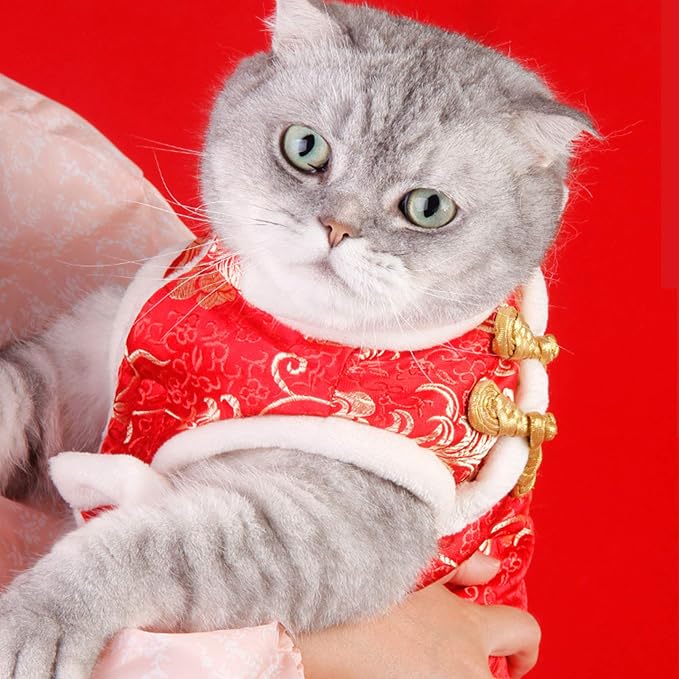 SEIS New Year Cat Knot Buttons Coat Dogs Cheongsam Winter Pet Clothes Vest of The Tang Dynasty Christmas Costume for Cats Teddy Bichon Small Medium Dogs (White, M (Chest Circumference 55cm/ 21.6"))