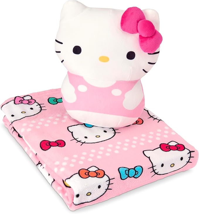 Northwest Hello Kitty Bowtastic Hugger Pillow & Silk Touch Throw Blanket Set, Stuffed Animal, 50x60 inches and 11 inch Plushie