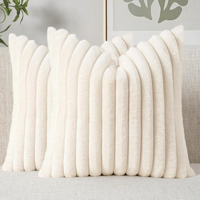 MIULEE Faux Fur Decorative Euro Sham Pillow Covers 24x24 Beige 2 Pack | Cream White Modern Soft Plush Couch Pillows, Cozy Fluffy Cushion Covers for Sofa Bed Living Room Home Decor