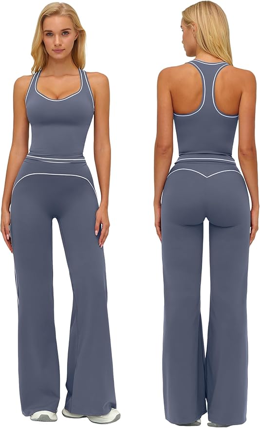 ABOCIW Two Piece Workout Sets for Women Racerback Tank Top Matching High Waist Wide Leg Yoga Pants Pilates Outfits