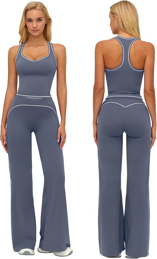 ABOCIW Two Piece Workout Sets for Women Racerback Tank Top Matching High Waist Wide Leg Yoga Pants Pilates Outfits