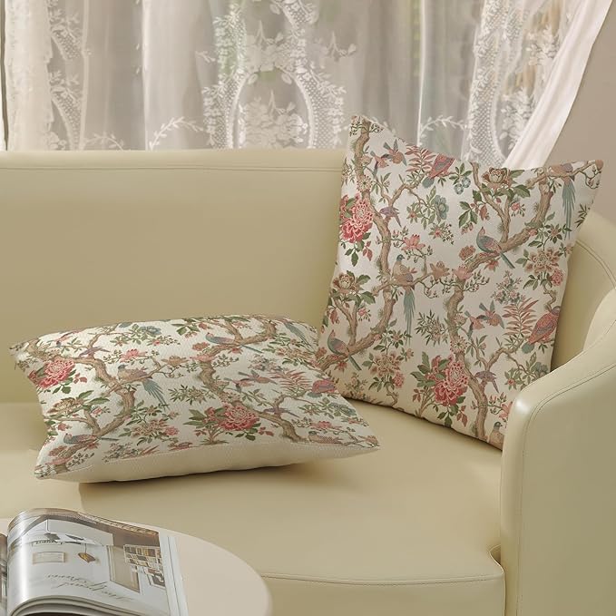 Chinoiserie Pillow Covers 22x22 Set of 2 Pink Green Bird Floral Throw Pillows Vintage Pink Flower Bird Decorative Pillow Cases Outdoor Chinoiserie Decor Farmhouse Cushion Case for Couch Sofa