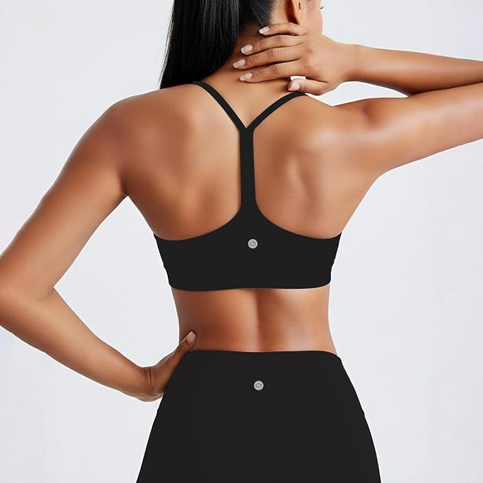Racerback Y-Back Sports Bra for Women - Padded Low Impact Workout Top with Thin Spaghetti Straps for Yoga, Pilates, Gym
