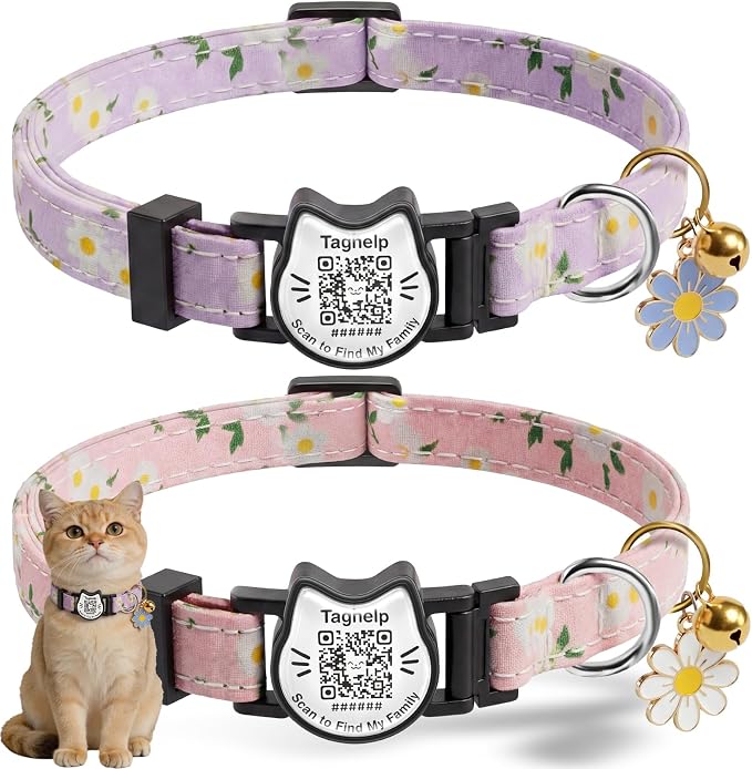 Breakaway Cat Collar with QR Code Tag and Bell (Pink & Purple, Pastoral Style)