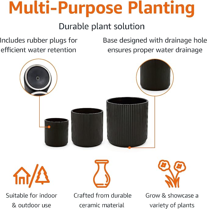 Amazon Basics Fluted Ceramic Planters for Indoor Outdoor Plants, Round Flower Pots with Drainage Hole, Set of 3, 6 inch, 8 inch, 10 inch, Black