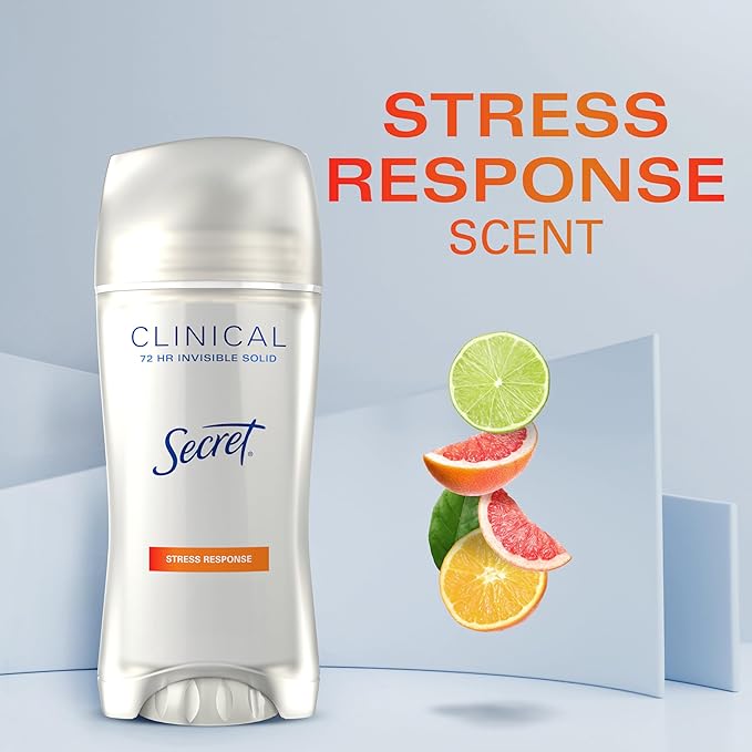 Secret Clinical Strength Antiperspirant Deodorant for Women, Stress Response, 3X Stress, 72hr Sweat & Odor, PH Balancing Minerals, Invisible Solid, 2.6 oz (Pack of 2)