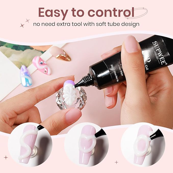 White Sculpting Gel for 3D Nail Art - 30g No Wipe Molding Gel for Charms, Rhinestone Decoration and Carving Designs