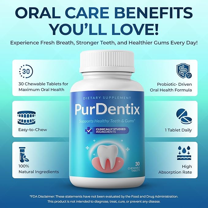 PurDentix Oral Health Probiotic – 4-Strain Formula for Healthy Gums, Teeth & Fresh Breath – 90 Chewable Tablets
