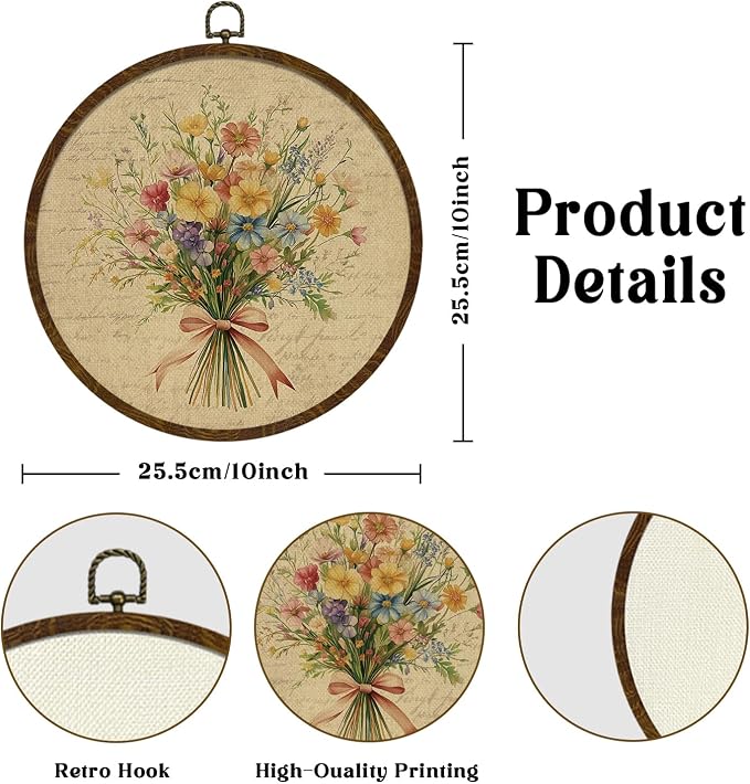 Vintage Floral Round Wall Art Decor,Retro Flower Wall Art Decoration, Watercolor Wildflower Botanical Canvas Print with Frame,Farmhouse Decor for Bedroom Living Room Gallery Space 10"x10"(Letter Flowers-02)