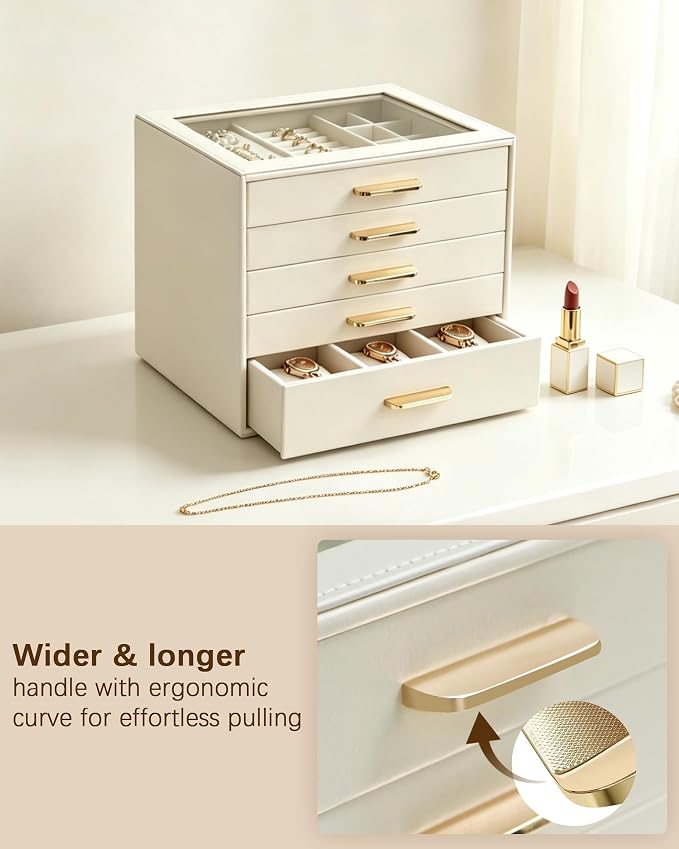 Homeanda Jewelry Boxes Organizer with Glass Lid, 5-Layer PU Leather, Beige | Modern style display case with 5 drawers for daily jewelry, women, mom or girl gift