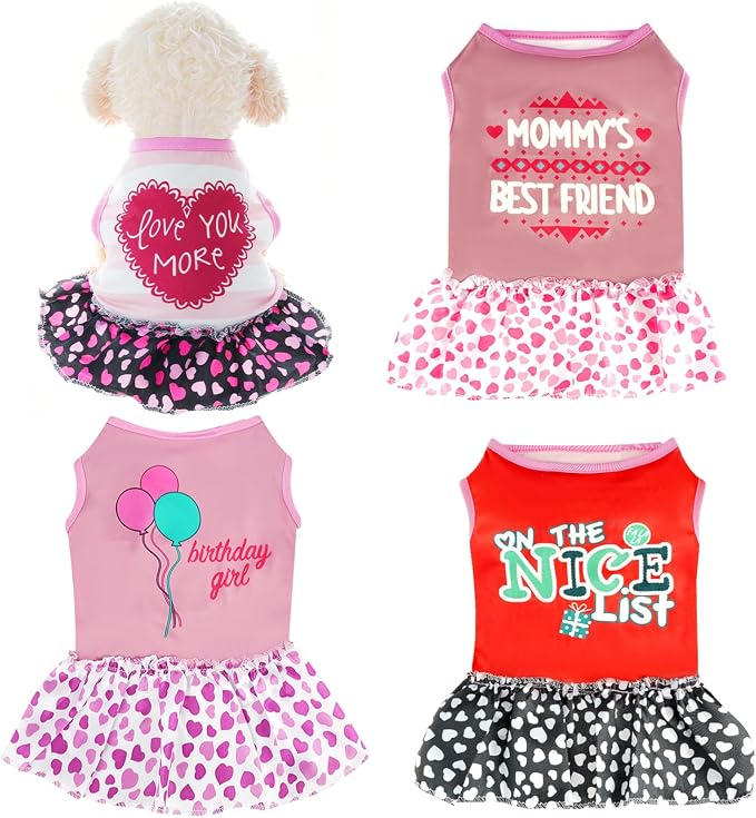 Pistha 4 Pack Dog Dresses Adorable Girl Puppy Printed Dresses Pets Apparel | Printed Pet Doggy Clothes for Small Dogs Cats Girl Holiday Apparel Dresses