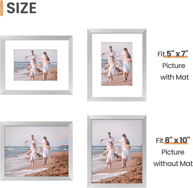 upsimples 8x10 Picture Frame, Gallery Wall Frames Set of 5, Silver | Photo Frame Collage Wall Decor, 8 x 10 Frame, 5x7 Frame with Mat for Family, Baby, Hallway, Christmas