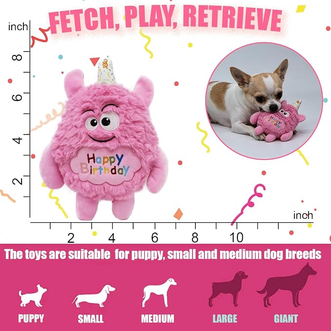 Monster Dog Birthday Toy for Gifts, Stuffed Dog Plush Toy, Pink | Crinkle Squeaky, Soft Lightweight Toy for Fetch and Chew, Interactive Outdoor Indoor Play for Tug, For Puppy Small Medium Dog