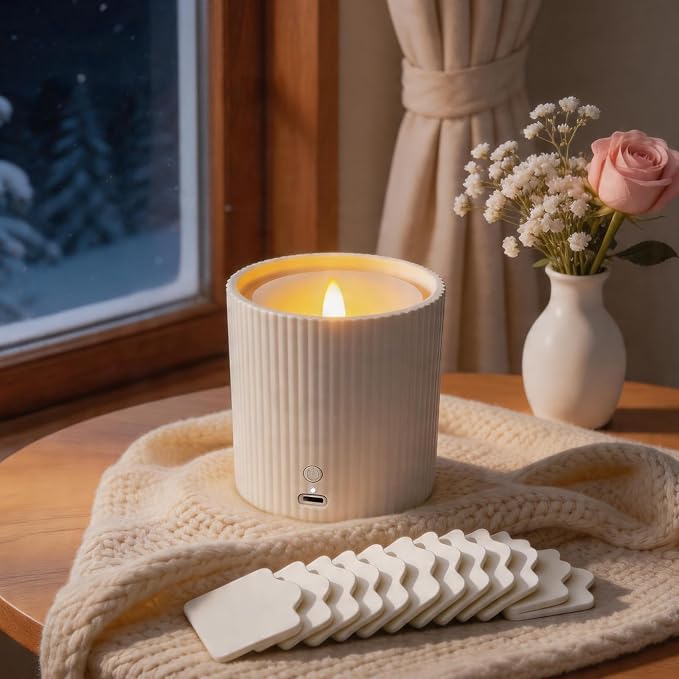 NO-Battery 2 in 1 LED Candle Waterless Diffuser and 3D Wick and Realistic Flame Candle,Flameless Candle Diffuser,Waterless Essential Oil Diffuser with 12PCS Cotton Pads(Only Connect USB Line Use)