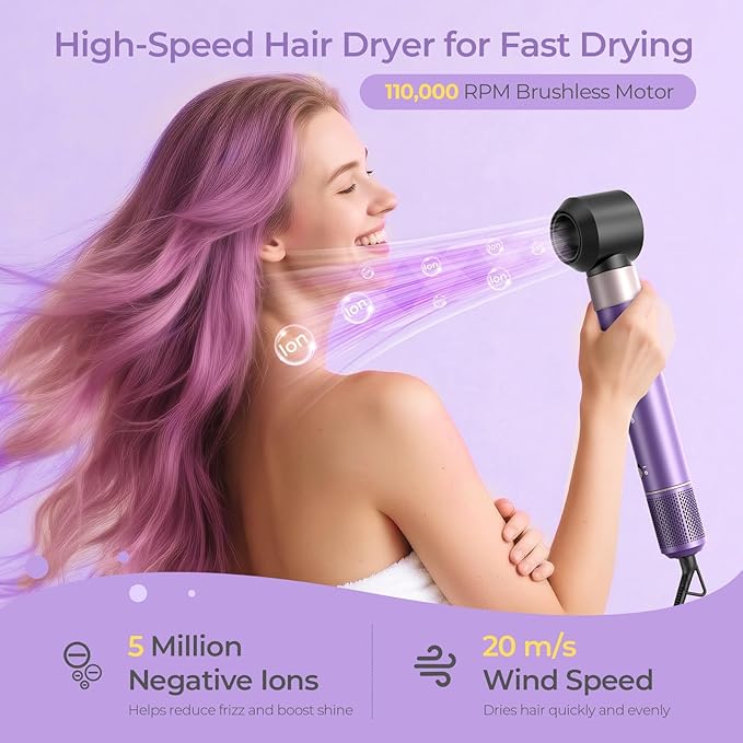 Vincofy 7 in 1 Blow Dryer Brush Set – Hot Air Styler for Fast Drying, Curling, Straightening & Volumizing – Ionic Hair Dryer Brush with 1200W Power – No Heat Damage for All Hair Types – Lilac