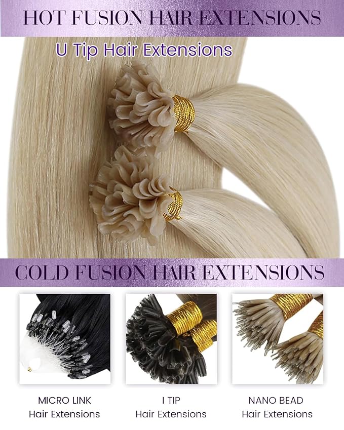 LaaVoo K Tip Hair Extensions Real Human Hair Bleach Blonde U tip Hair Extension Human Hair Hot Fusion Blonde KTip Human Hair Hair Extensions 22 inch 50g/50s