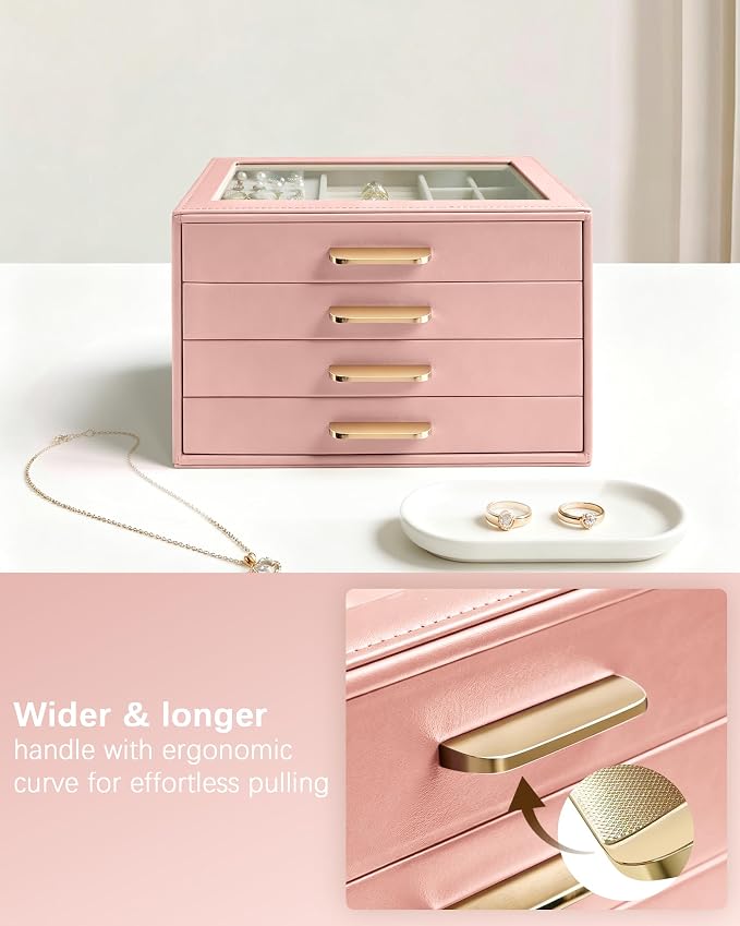 Homeanda Jewelry Boxes Organizer with Glass Lid, 4-Layer PU Leather, Pink | Modern style display case with 4 drawers for daily jewelry, women, mom or girl gift