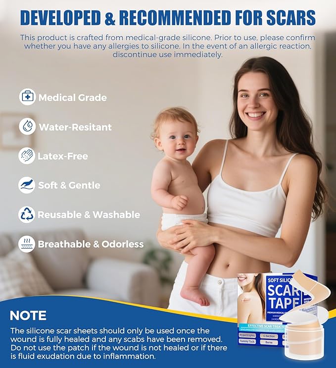 MasterMo Medical Grade Silicone Scar Sheets & Tape - Ultra Soft, Hypoallergenic Rolls (1.6”x120" Roll) for Surgical, C-Section, Tummy Tuck, Keloid Scars, Stretch Marks & Burn Scar Removal