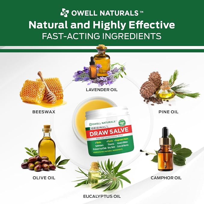 OWELL NATURALS Drawing Salve Ointment for Boil & Cyst Removal, Deep Ingrown Hair, Splinter Remover, Bug Spider Bites, Bee Sting, Mosquito Itching, Poison Ivy, 1 fl Oz (Pack of 2)