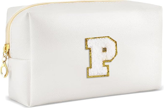 URSKYTOUS Gifts for Girls Initial Makeup Bag Personalized Cosmetic Bag with Zipper Cute Travel Toiletry Bags Waterproof PU Preppy Makeup Pouch Birthday Gift for Teen Girls Women(White P)