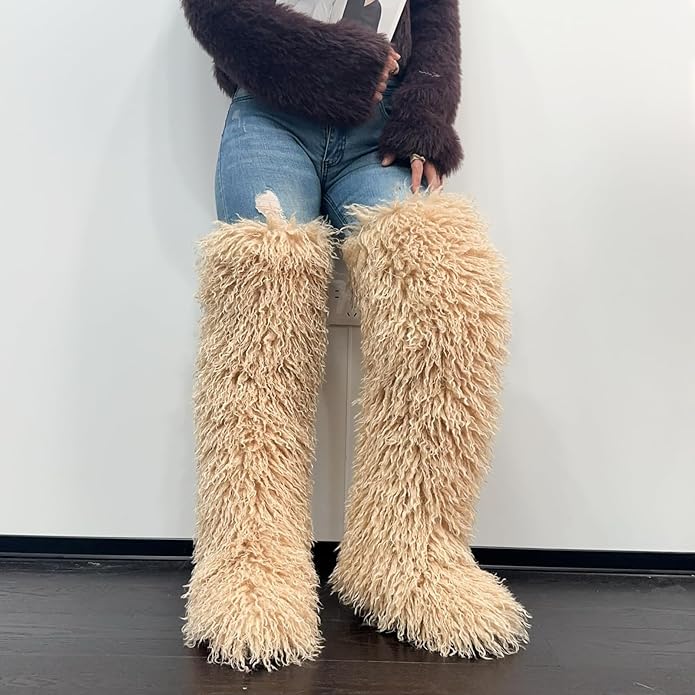 SWEETHEART BEAUTY Thigh High Shagy Teddy Fur Boots, 29 Inch Over the Knee Length Fluffy High Boots, Tall Furry Shoes For Women