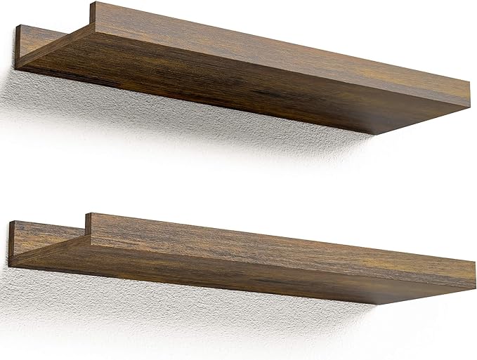 Boswillon Floating Shelves Set of 2, Small Wall Shelf with Lip, 16in, Brown | Display Ledge Shelf for Room Wall, Wall Decor Shelves for Bathroom, Living Room, Bedroom, Kitchen, Nursery Room, Rustic, Wood