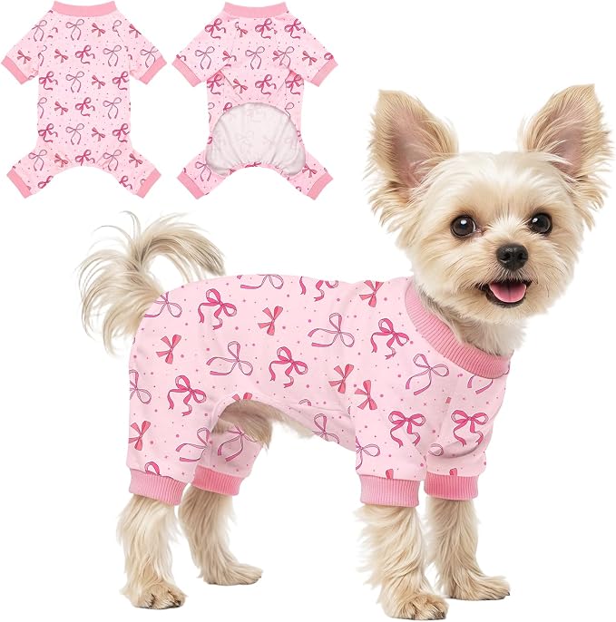 Dog Pajamas for Small Medium Dogs Pjs Pink Bow Dog Onesie Breathable Puppy Pj Pet Stretchy Soft Sleepwear for Spring Summer Costume-S