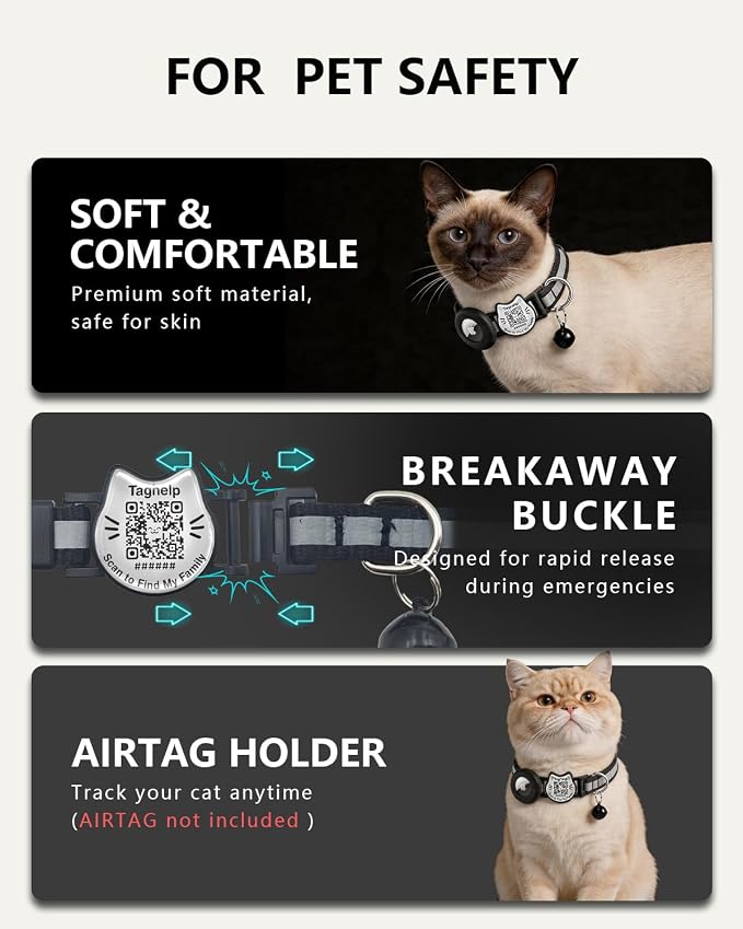 Cat Collar with AirTag Holder, QR Code Tag and Bell (Red, Reflective Strip)