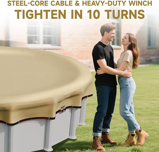 [Upgraded] 18ft/21ft/24ft/28ft Round Winter Pool Covers for Above Ground Pool Cover 24FT Cover 4FT Overlap - 500D Windproof with Steel Cable & Heavy Duty Winch - Swimming Pool Winter Cover Beige