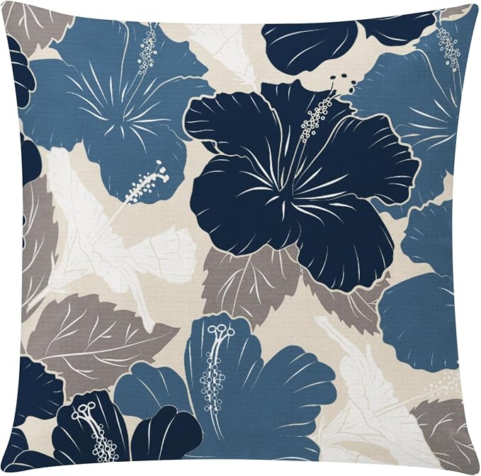 COMMINY Blue Beige Linen Pillow Covers 20x20 Set 6 Farmhouse Throw Cover | decorative floral pattern, Large Throw Pillow Size, Breathable Linen, Bedroom Accent Couch Sofa, Spring Summer Decor