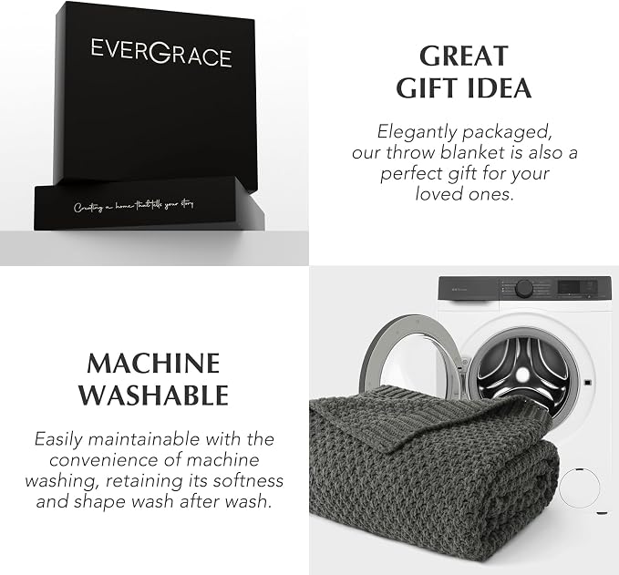 EVERGRACEHOME Chunky Chenille Knit Throw Blanket, 50 x 60, Charcoal Gray | Sculpted Moss Stitch, Chic Modern Farmhouse, All-Season Warmth, OEKO-TEX® Certified, Elegant Blanket for Couch, Bed, Sofa