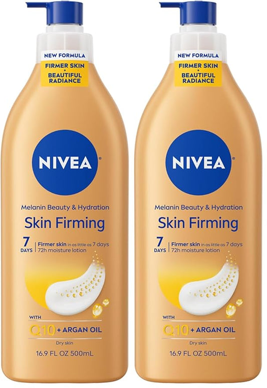 NIVEA Skin Firming Melanin Beauty & Hydration Body Lotion with Q10 and Argan Oil,Firmer Skin in as Little As Seven Days,16.9 Fl Oz Pump Bottle,(Pack of 2)