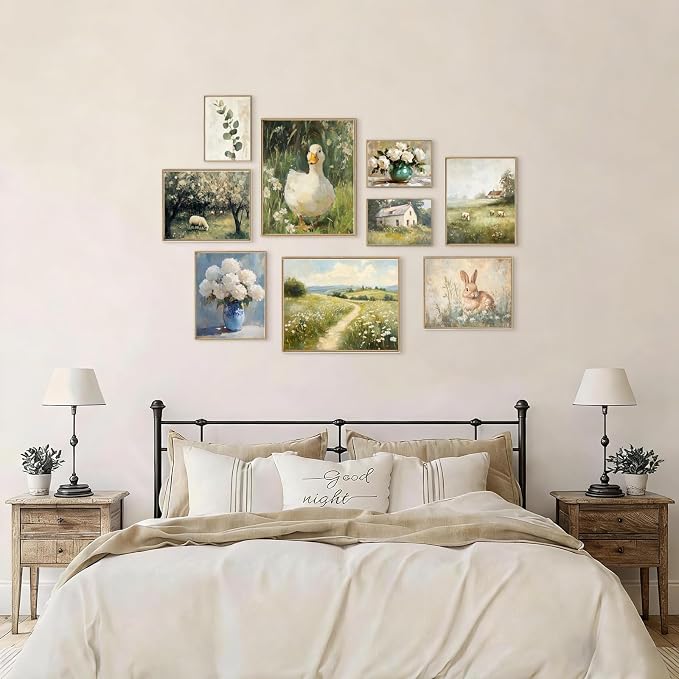 KBKBART 9pcs French Decor For Home - Country French Wall Art Posters, Easter Bunny Goose Pictures,Vintage Art Gallery Wall Prints Landscape Painting For Bedroom Decor(Unframed)