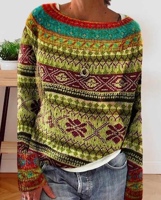 Zhyaj Fair Isle Sweater for Womens Winter Long Sleeve Vintage Knitted Sweater Casual Fall Crew Neck Pullover Sweaters